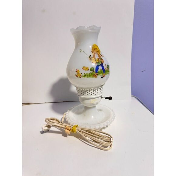 Vintage Hurricane Milk Glass Nursery Rhyme Lamp - Picture 1 of 4